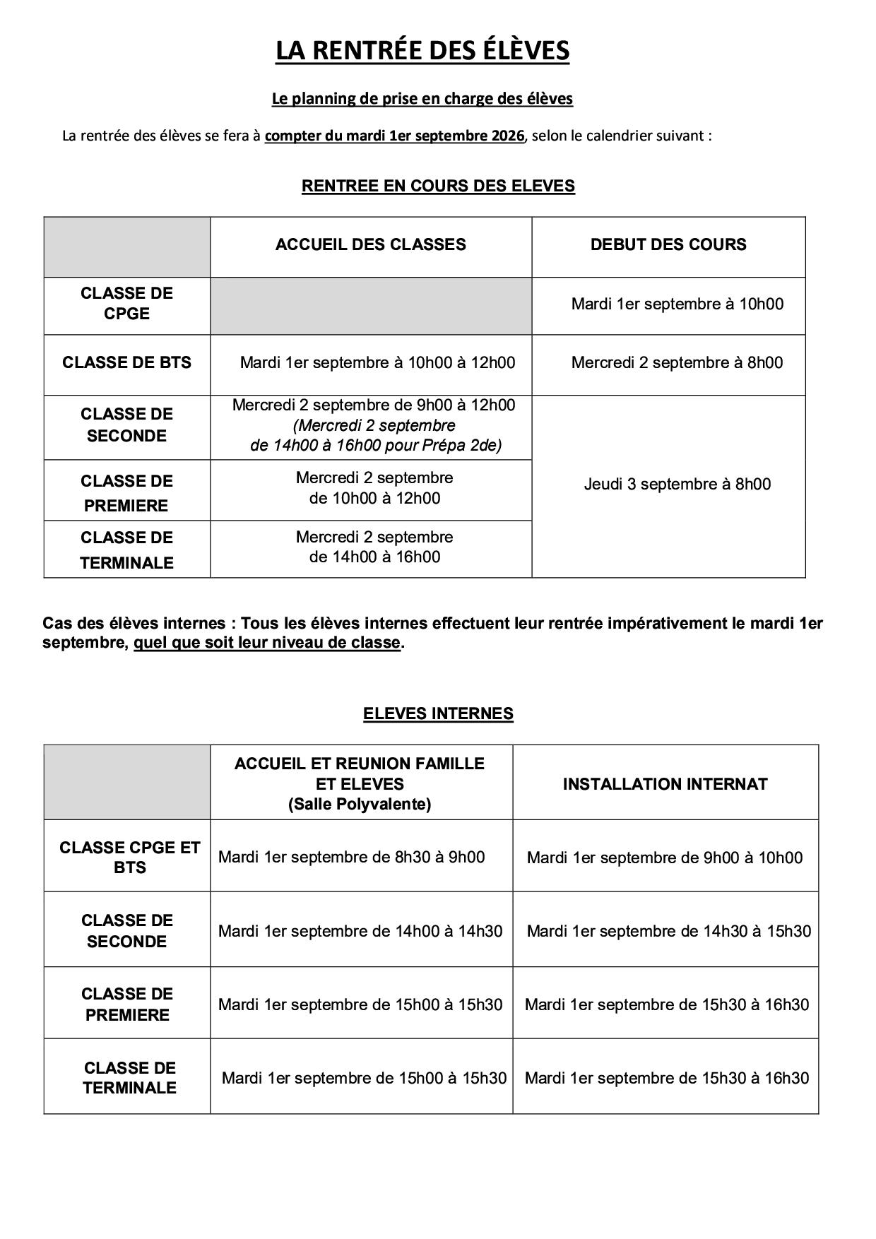 LA RENTRÉE DES ÉLÈVES 2026